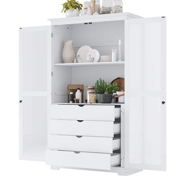 44.7" Kitchen Pantry Cabinet with Glass Doors - Storage Cabinet with 4 Built-In Drawers - Display Cabinet for Living Room