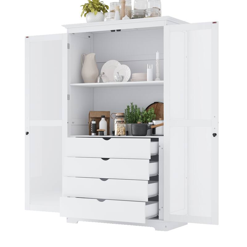Roomfitters 75" Kitchen Pantry, Freestanding Storage Cabinet Display Cabinet with Glass Doors and 4 Drawers