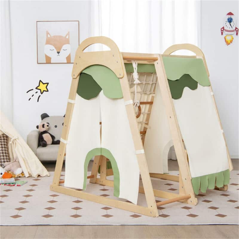 6-in-1 Indoor Kids Jungle Gym Playset with Slide and Climbing Ladder Monkey Bars and Tent - 45.5" x 42.5" x 50"