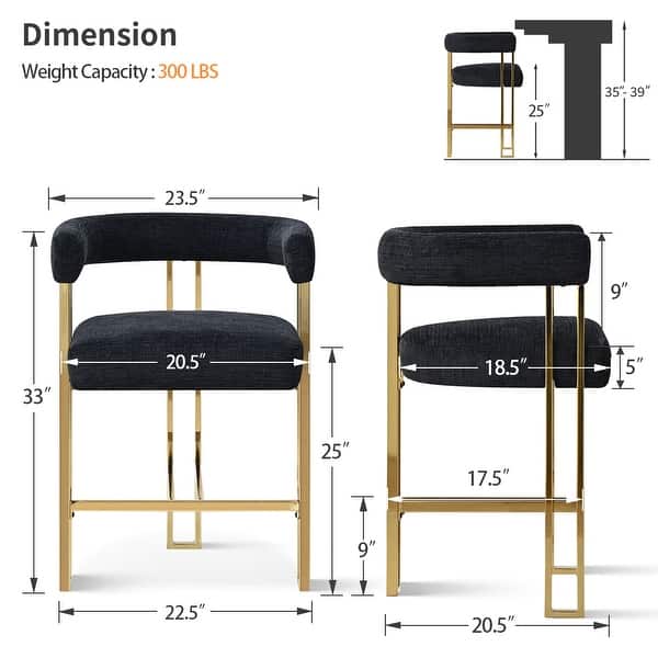 dimension image slide 1 of 6, 25" Seat Height Upholstered Chenille Gold Metal Counter Stool