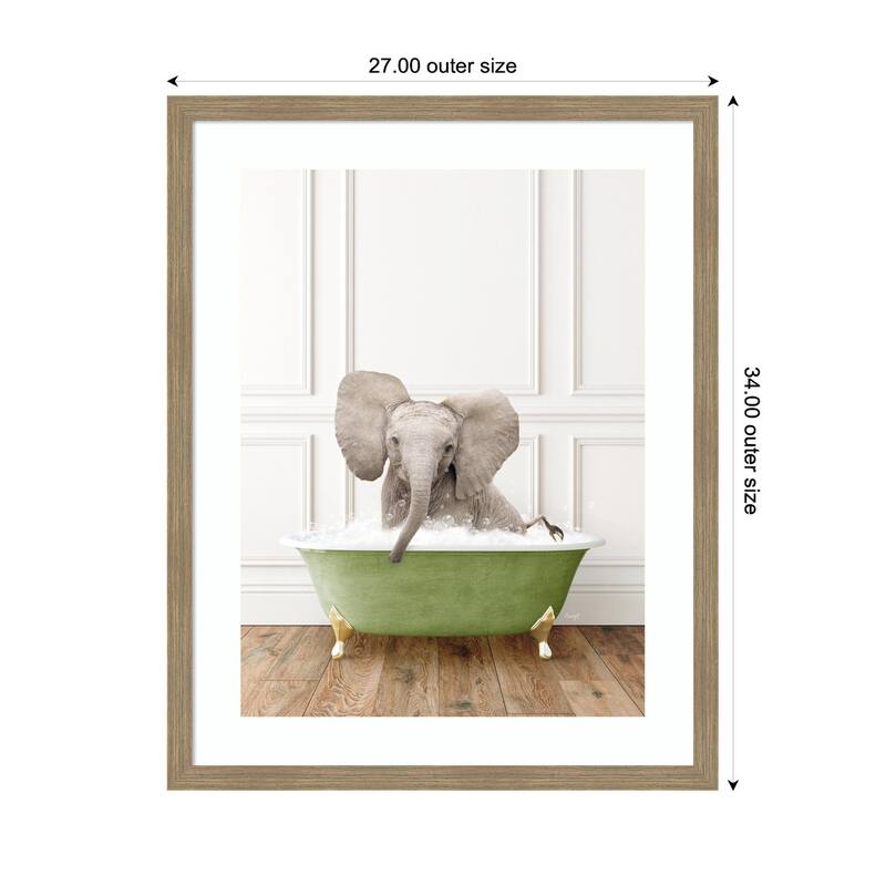 Kate and Laurel Baby Elephant in Transitional Bathtub by Amy Peterson Framed Wall Art Print