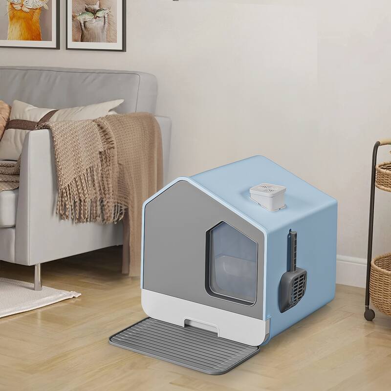 Moasis House-Like Cat Litter Box with Pads - Blue