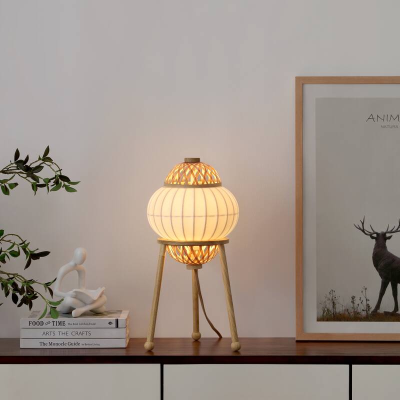 Hikari 1Wood Grain and Table Lamp for Living Room with Natural Shade Material Shade and E12 Bulb Not Included - Beige/White