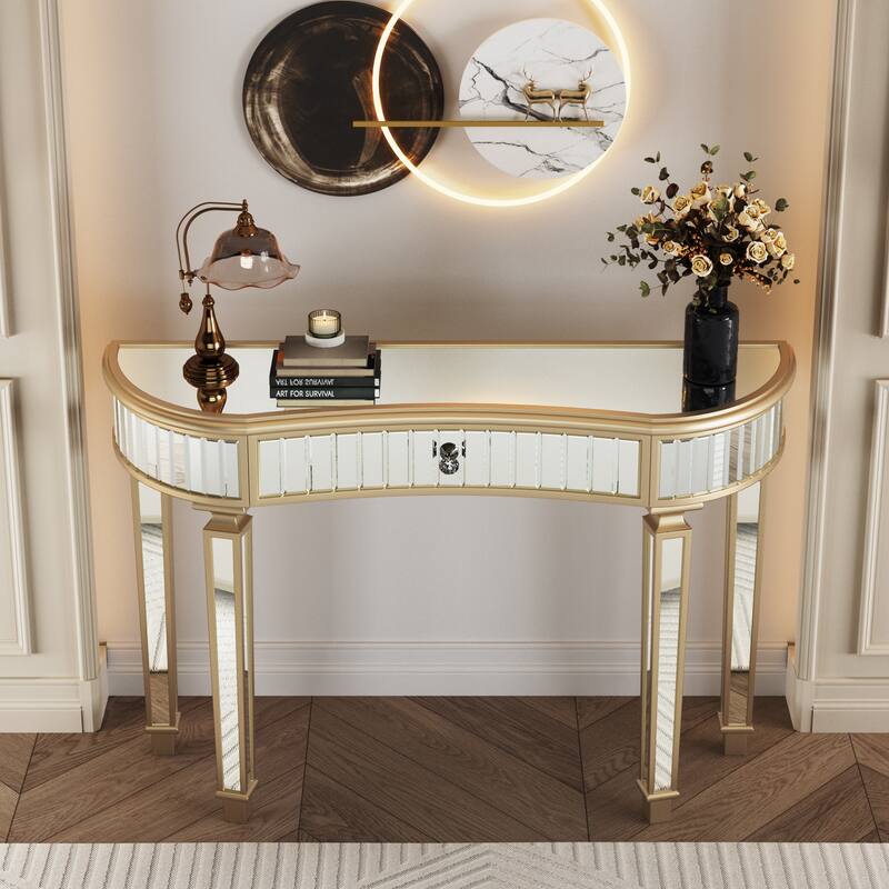 Roomfitters 47" Half-Moon Mirrored Console Table, Fluted Glass Entryway Vanity with Crystal Knob Drawer