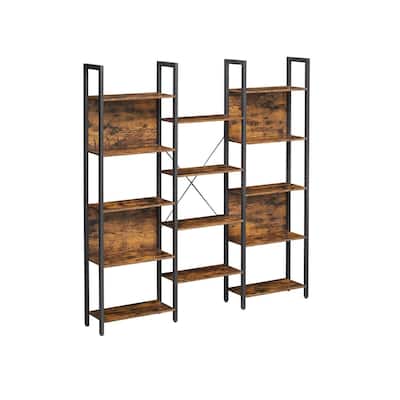 Triple Wide 5 Tier Bookshelf, Bookcase with 14 Storage Shelves, Metal Frame, Rustic Brown and Black - 62.2"L x 9.4"W x 65.4"H