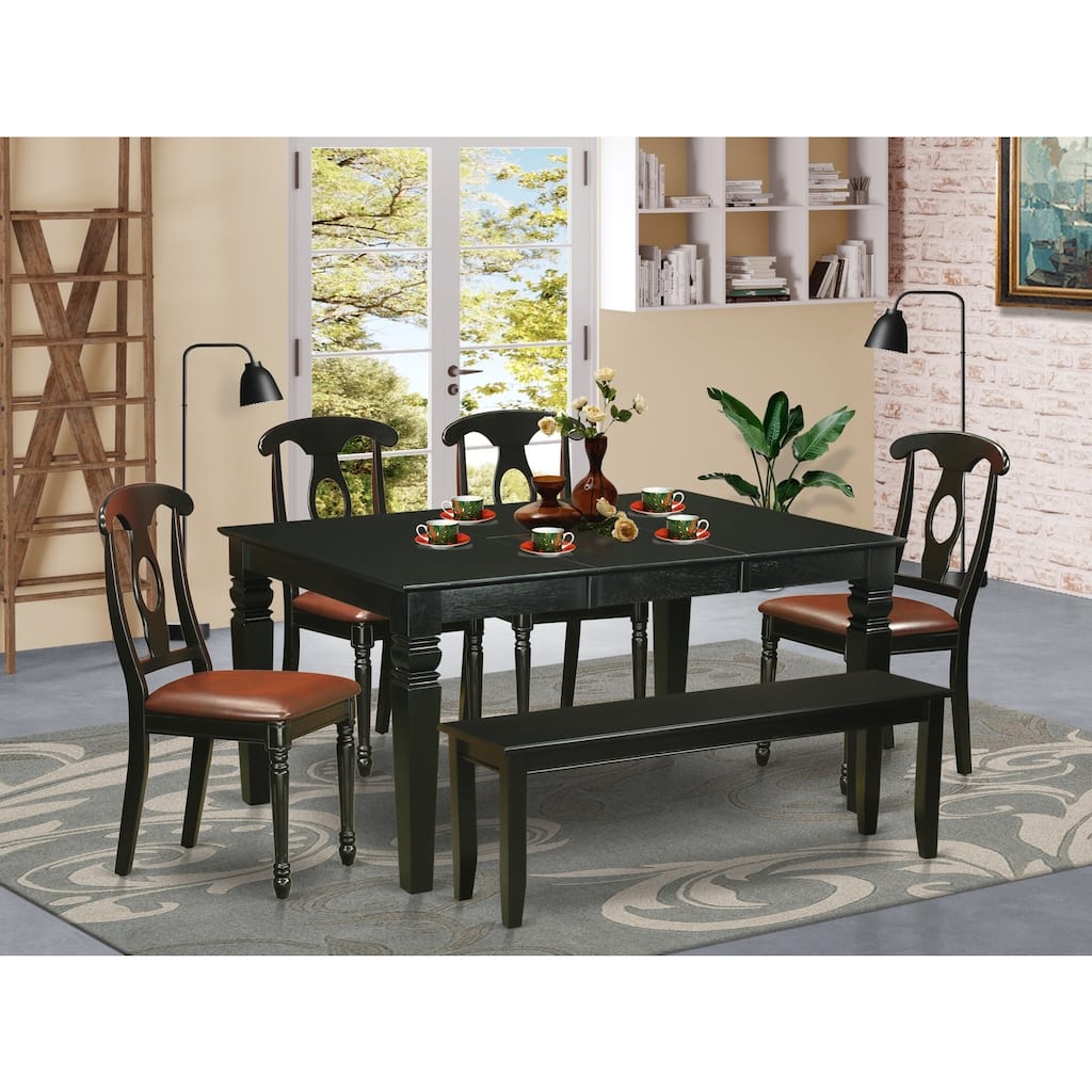 HomeStock 6-Piece Rectangle Black Finish Solid Wood Top dining Table with 1 Bench and 4 Chairs with Lattice Back