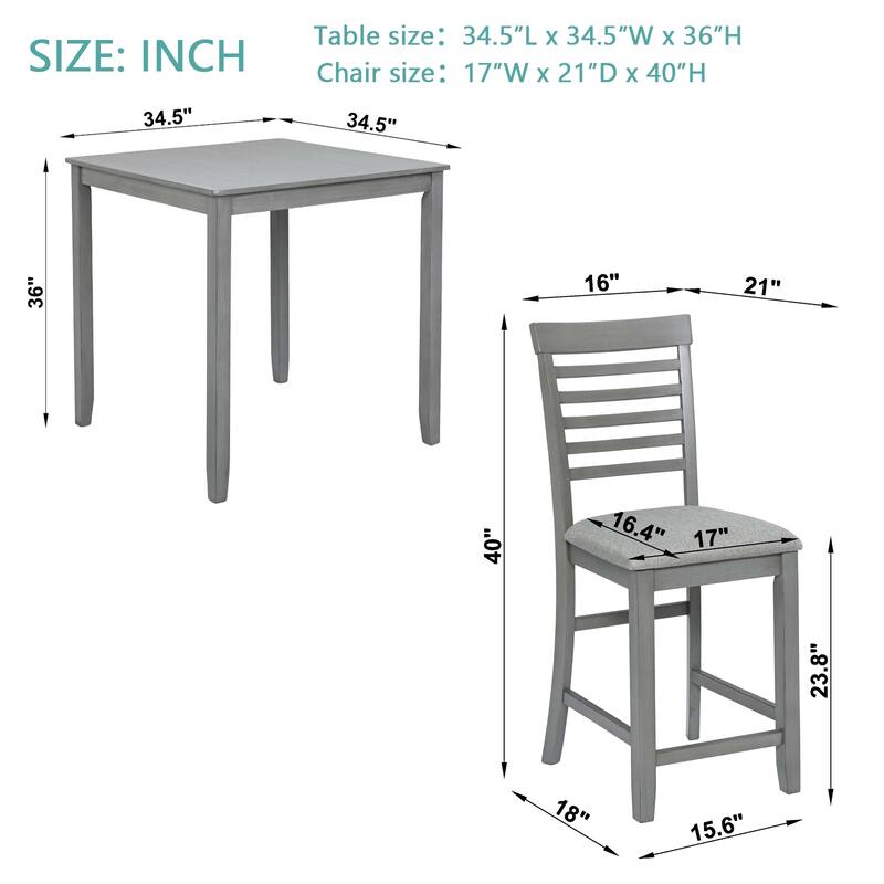 5 Piece Dining Table Set, Wooden Dining Square Table Set for 4, Counter Height Kitchen Table Set Gray