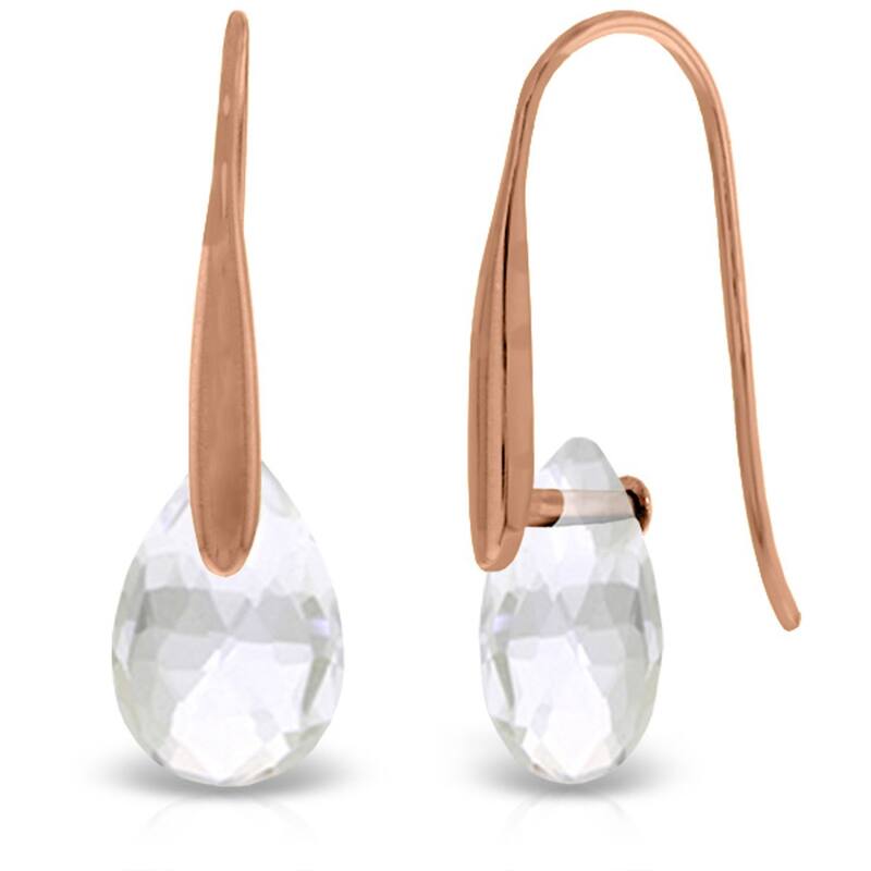 14K Solid Gold Fish Hook Earrings w/ Dangling Briolette White Topaz - Rose
