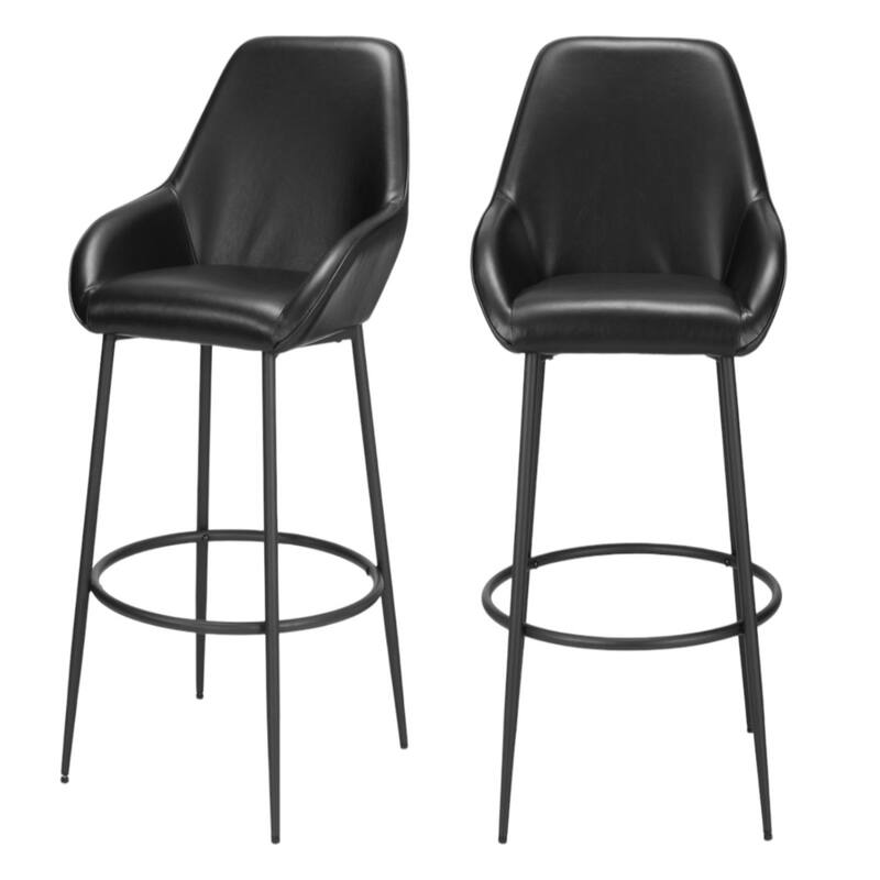 Set of 2 Modern Bar Height Chairs Black Faux Leather Upholstered Stools with Arms and Footrest - 42.5”H x 22.4”W x 24”D