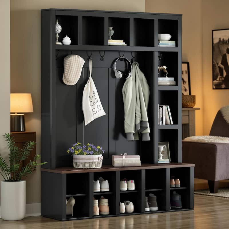 Farmhouse Entryway Hall Tree with Coat Rack, 13 Cubbies Shoe Storage, Adjustable Shelves & Walnut Bench