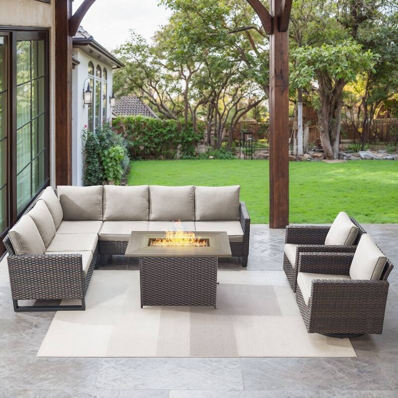 Gymojoy L-Shaped Outdoor Corner Sectional Sofa 6-seats Couch Conversation Set - 4 PCS - Fire Pit & Swivel Chairs - Brown Wicker / Beige Cusion