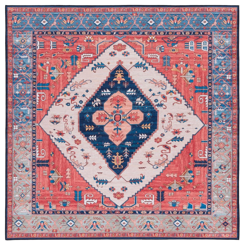 SAFAVIEH Tucson Machine Washable Slip Resistant Dorcas Oriental Medallion - 6' x 6' Square - Rust/Blue