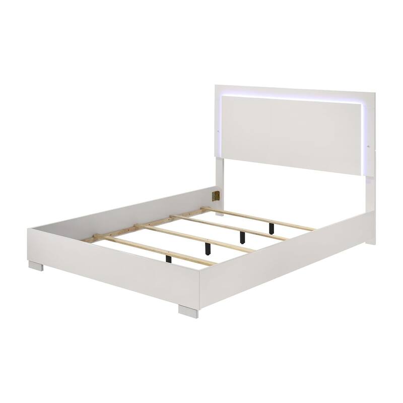 Suni Queen Size Bed w LED on Headboard, White Wood Frame, Chrome Legs