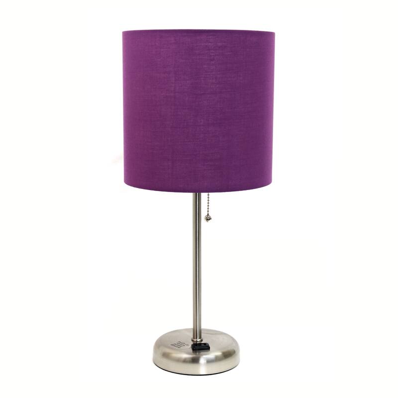 19.5" Power Outlet Metal Lamp in Steel w Aqua Shade - Brushed Steel/Purple Shade