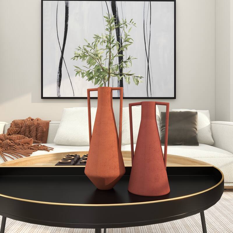 Orange Metal Decorative Vase with Handles (Set of 2)