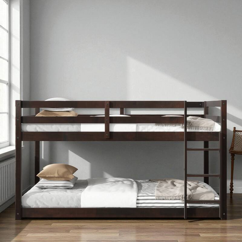 Solid Rubber Wood Twin Over Twin Floor Bunk Bed with Ladder, Low Height Design and Strengthened Slat Support - Espresso - Twin
