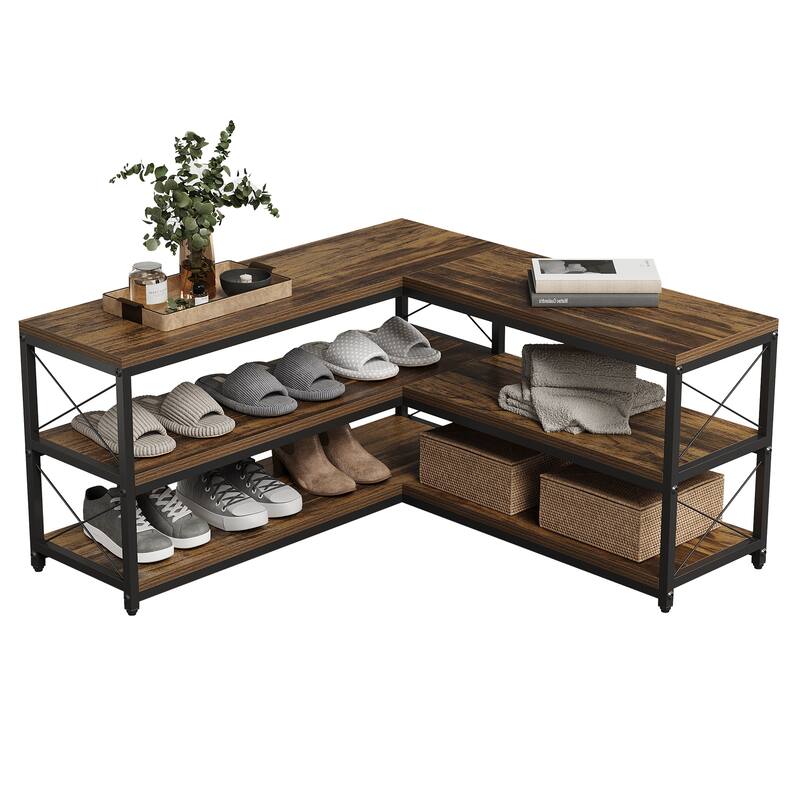 L-Shaped Shoe Rack Bench, 3-Tier Entryway Corner Bench with Shoe Storage