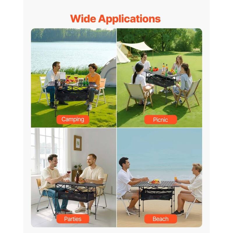 47.2” Black Aluminum Alloy Foldable Adjustable Height Outdoor Camping Table for Picnic 4-6 People