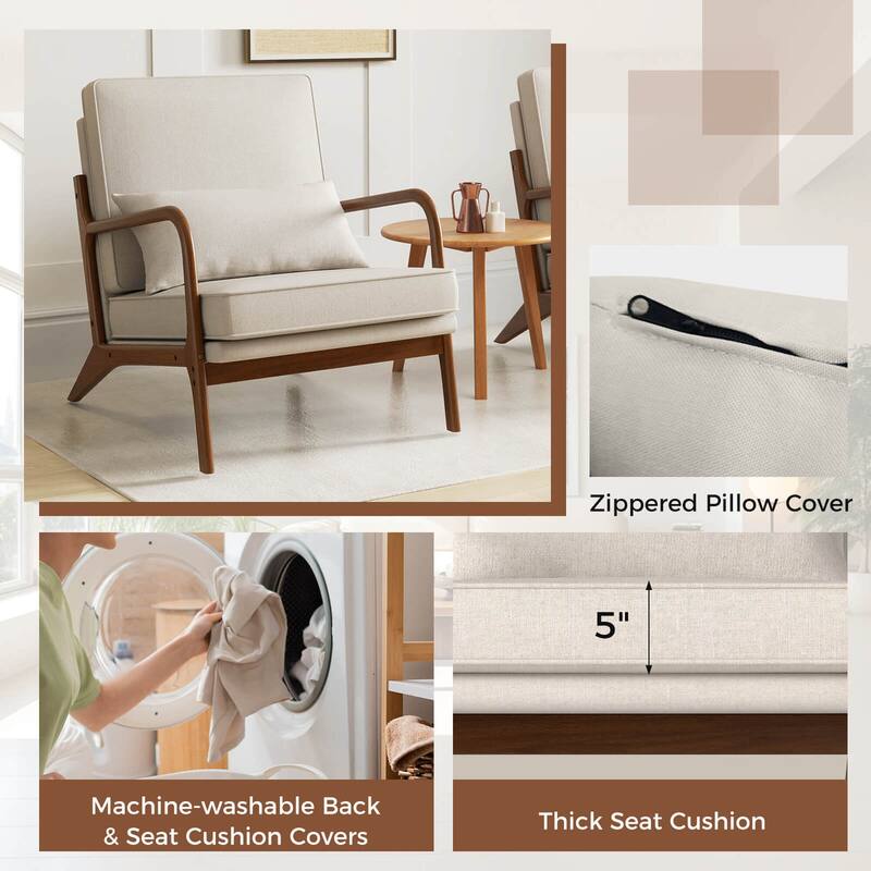 Modern Accent Chair Upholstered Armchair w/ Pillow & Wood Frame