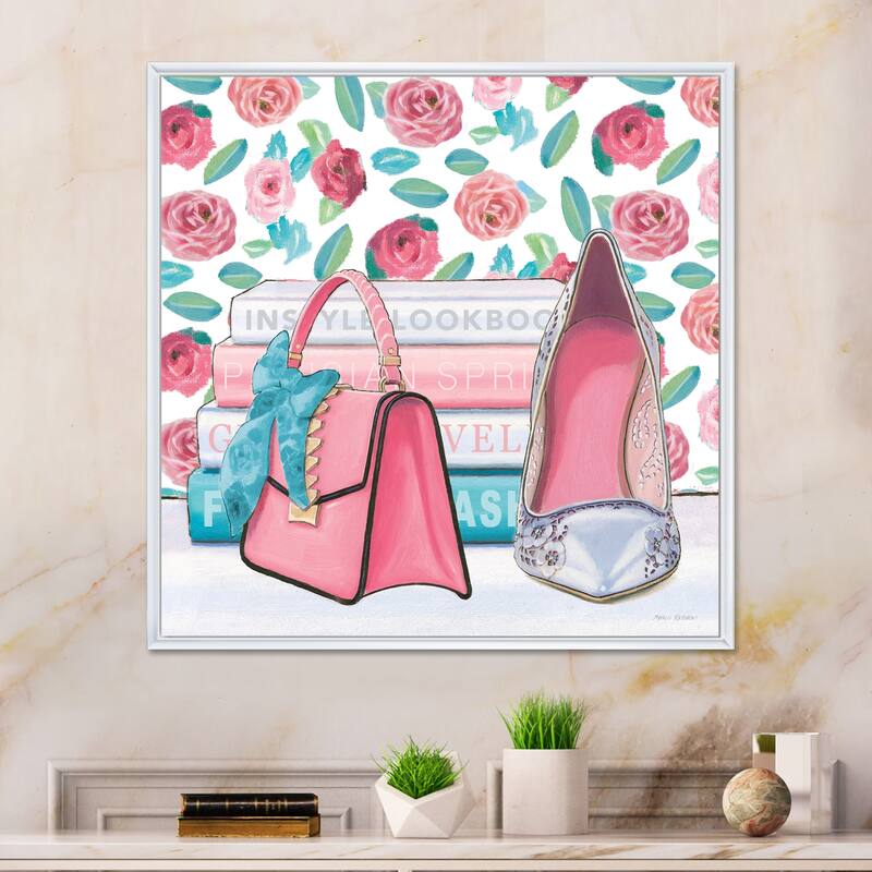 Designart "Pink Fashion high heels I" Posh & Luxe Framed Canvas - 30 in. wide x 30 in. high - White