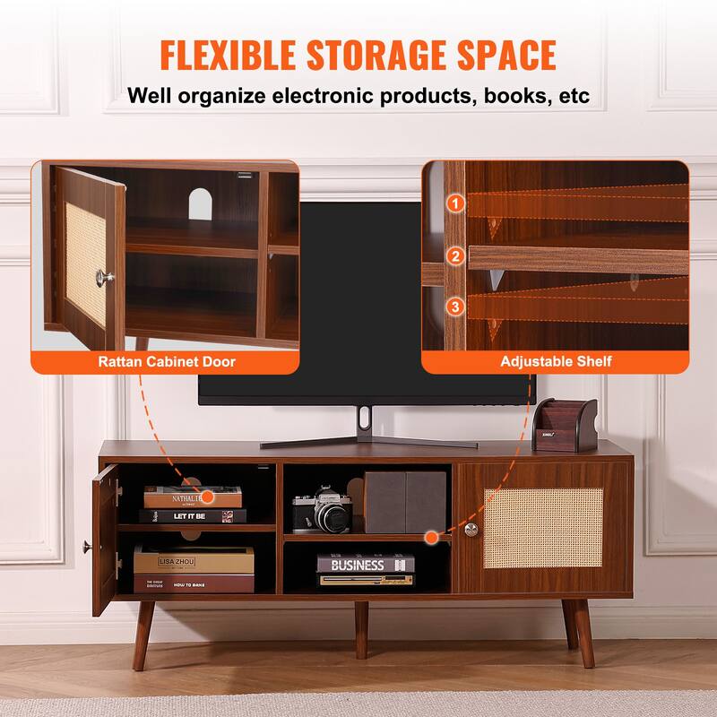 Rattan TV Stand, Mid Century Modern TV Stand, Boho Rattan TV Cabinet with Build-in Socket and USB Ports, Adjustable Shelfs