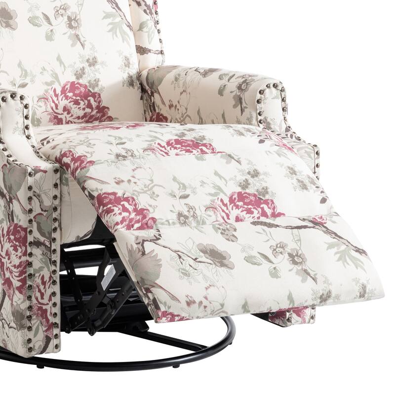 Patterned Linen Swivel Manual Push-Back Recliner Chair