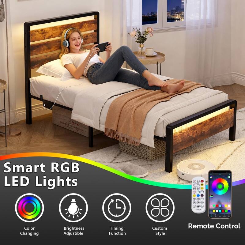 Bed Frame with LED Light and Charging Station, Metal Platform Bed with Wood Headboard