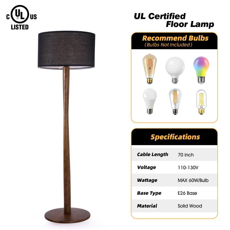 61 in. Retro Standing Floor Lamp with Rubberwood Base and Linen KD Lampshade for Bedroom, Living Room
