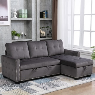 Dark Grey Velvet 77-Inch Reversible L-Shape Sectional Sleeper Sofa Bed ...