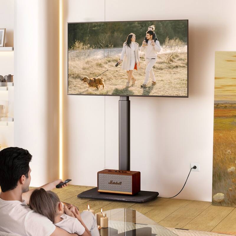 FITUEYES Modern Floor TV Stand for TVs up to 70 inch Metal Base with Power Strip, Black