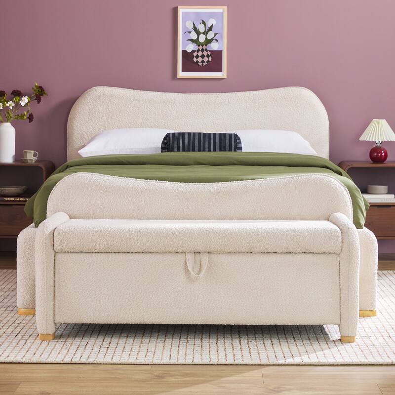Walker Edison Modern Upholstered Curved Bench with Hidden Storage - Ivory Boucle