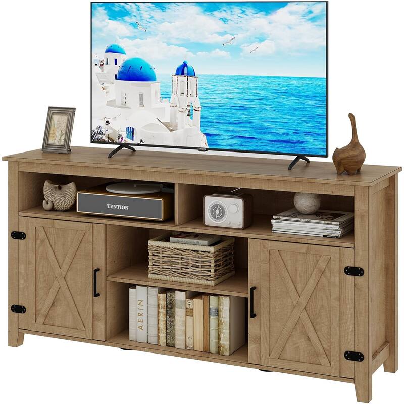 Moasis Farmhouse Barn Door Wood TV Stand with Power Outlet, Entertainment Center with Shelves for TV up to 65" - Brown