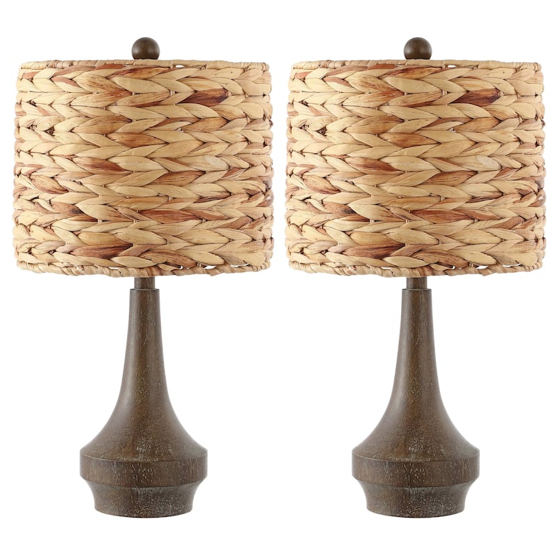 Leona 21" Rustic Farmhouse Handwoven Rattan/Resin LED Table Lamp, Brown Wood Finish (Set of 2) by JONATHAN Y