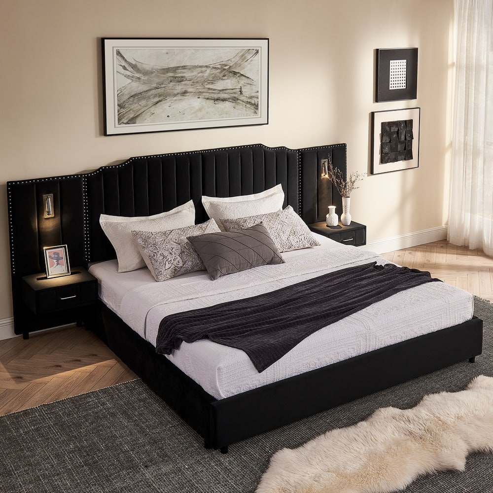King Upholstered Wingback Platform Bed Frame with Vertical Stripe Enlarged Headboard, Adjustable Lamps & Integrated Nightstand