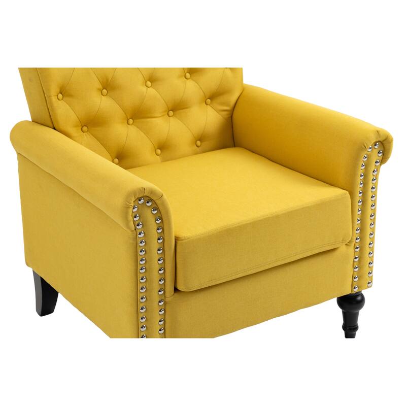 Linen Armchair w/Tufted Back/Wood Legs