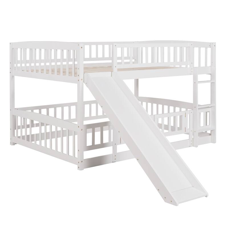Full Over Full Bunk Bed with Open Bottom Play Area, Detachable Fence and Door, Convertible Design with Slide and Ladder