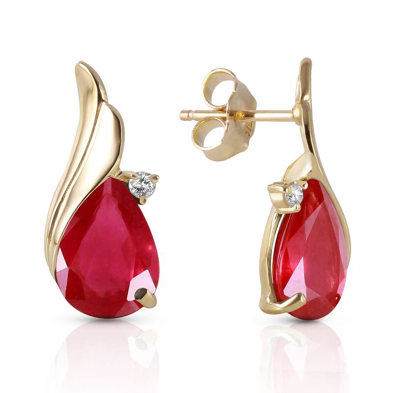 14K Solid Gold Studs Earrings Natural Diamond & Ruby Gemstone - Yellow