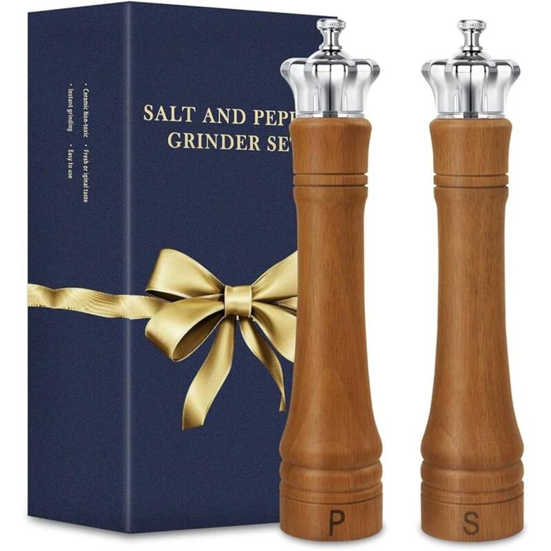 10-Inch Solid Rubber Wood Salt and Pepper Shakers with Crown-Shaped Lid Natural Oak Wooden Grinders - 2.36" x 10.62" - Natural