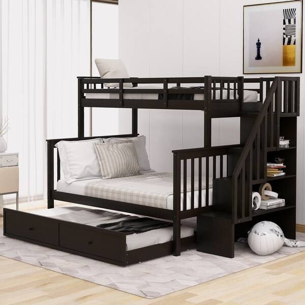 slide 2 of 11, Twin Over Full Bunk Bed with Twin Trundle, Espresso Wooden Bunkbeds with Storage Staircase, Guard Rails, Can be Detachable Espresso - Full