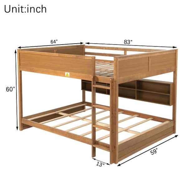 dimension image slide 0 of 2, Queen Over Queen Size with Underbed Storage Bookcase and Charging Station, Wood Bunk Bed Frame with Panel Guardrails and Ladder