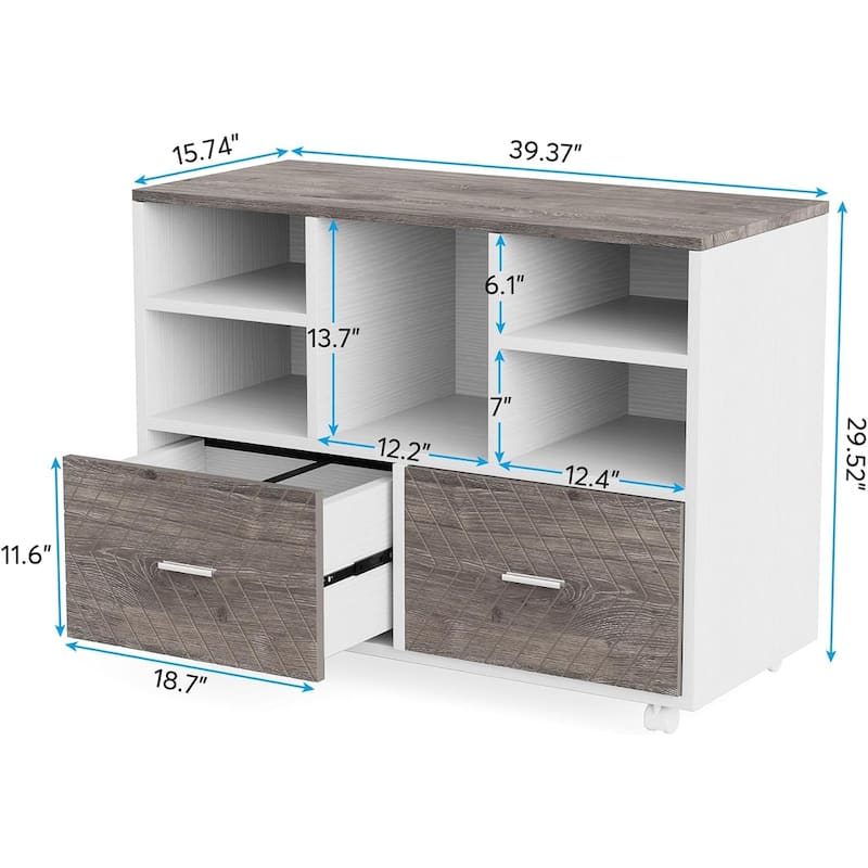 2-Drawer Wood Mobile File Cabinet Holds Letter Size Files with Shelves, Home Office Printer Stand