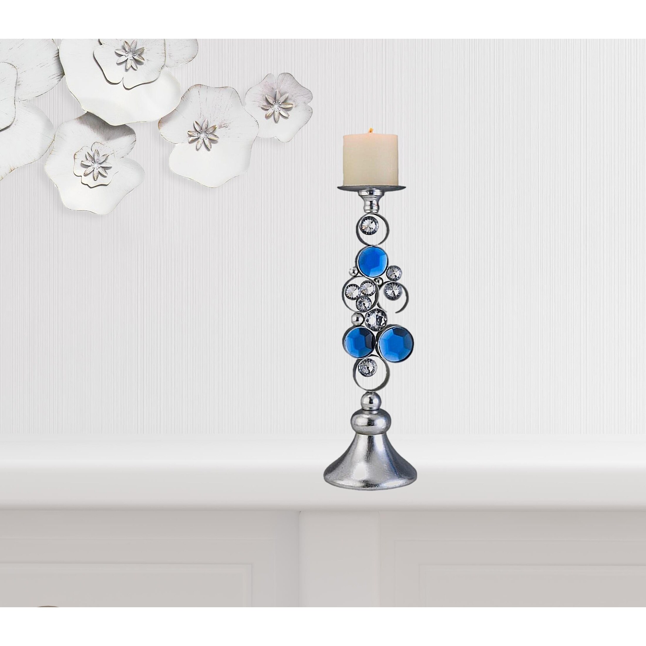 Set Of Two Silver and Blue Bling Tabletop Pillar Candle Holders Set Of Two Silver and Blue Bling Tabletop Pillar Candle Holders