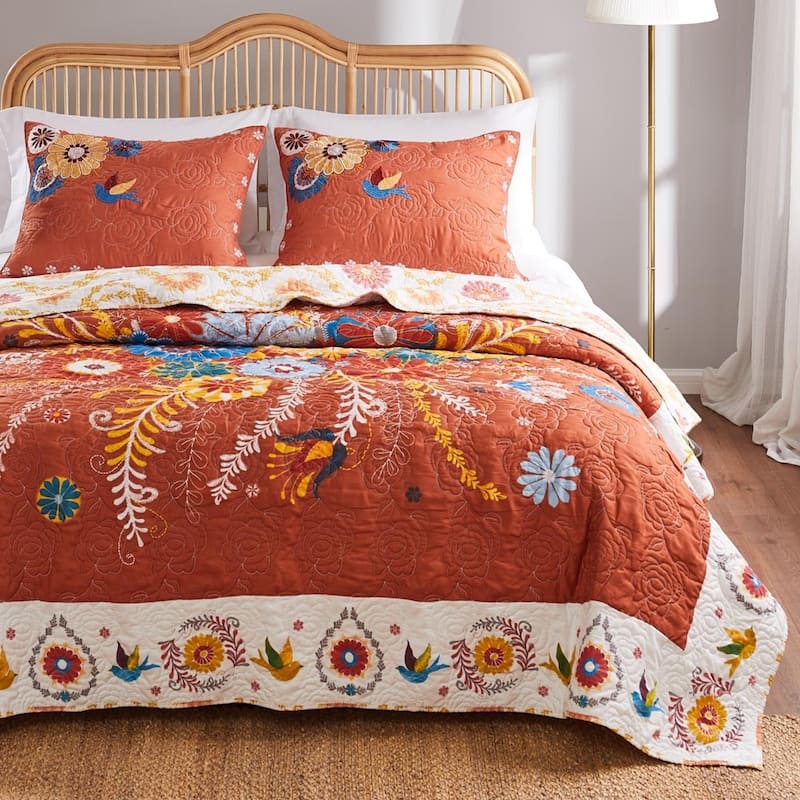 Barefoot Bungalow Topanga Orange Bohemian Floral Quilted Bedding Set - Queen - 3 Piece