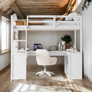 Wooden Full Loft Bed with U-shaped Desk,Storage Compartments and Tri-fold Mirror