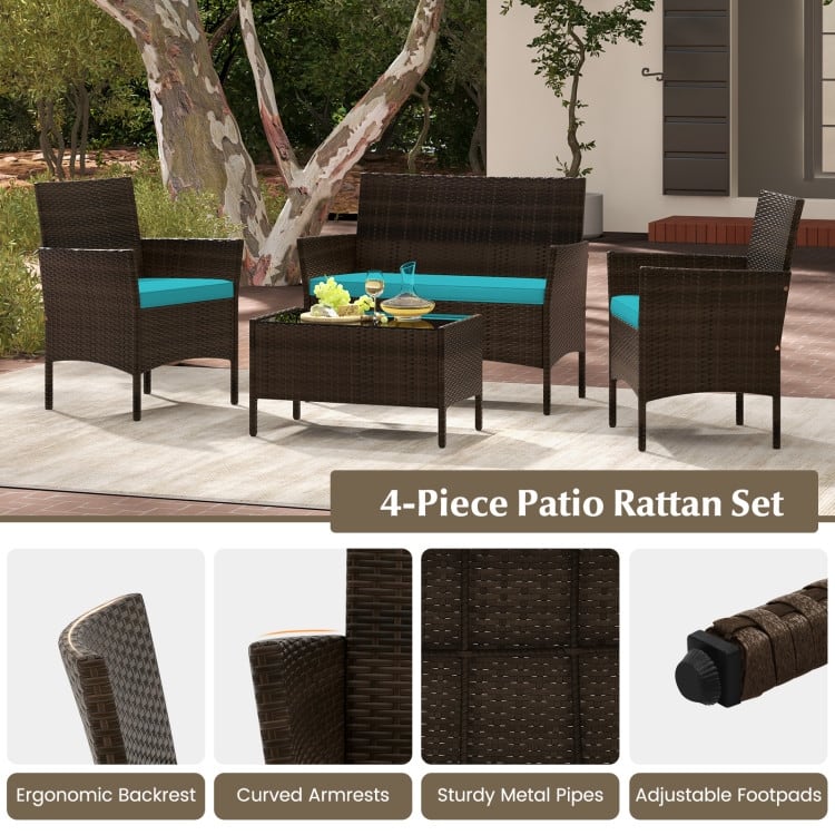 4 Piece Outdoor Rattan Patio Set with Cushions and Glass Table - 39.5" x 22.5" x 32"