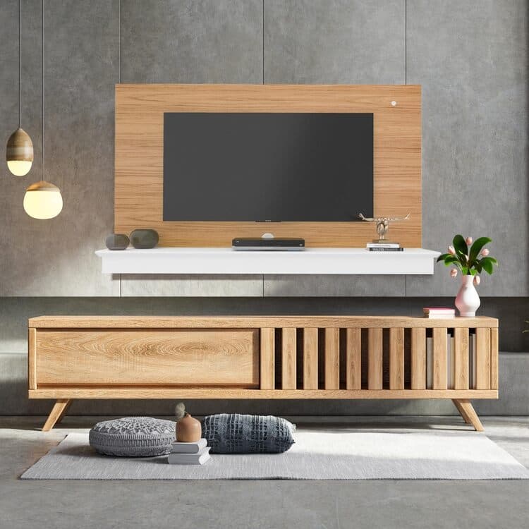 Floating Entertainment Center for up to 55 inch TVs, TV Wall Panel with LED Strip and Shelf, Floating TV Stand - Natural,White