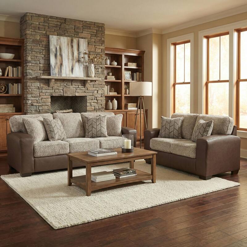 Roundhill Furniture Marvella 2-Piece Living Room Sofa and Loveseat Set, Chocolate Faux Leather and Curly Shearling Upholstery