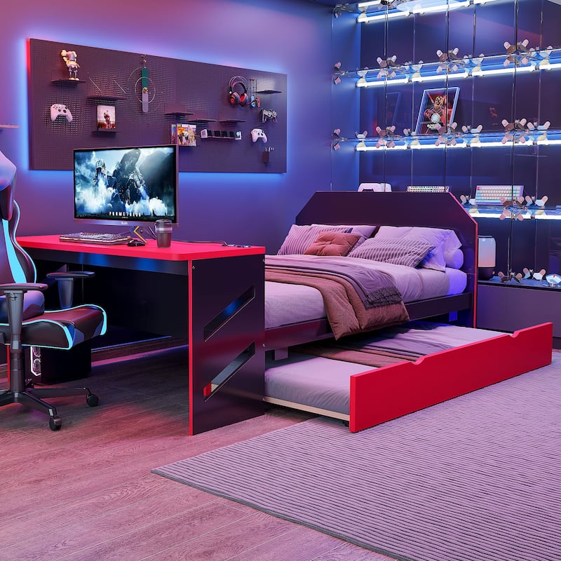 Full Daybed with Trundle, Wood Daybed with Built-in Desk and USB Charging Station, Twin Trundle Bed with Storage