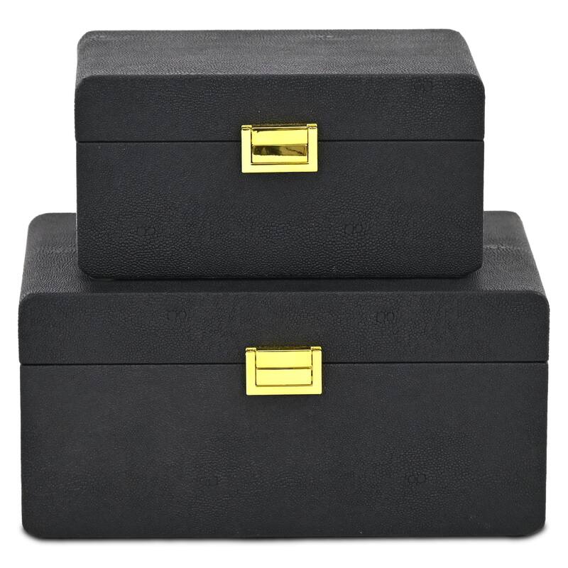 Alethea Set of 2 Rectangular Decorative Storage Boxes - Black Faux Shagreen - N/A