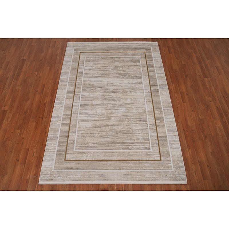 Machine Made Oriental Polyester Carpet Geometric Beige & Ivories Distressed Area Rug - 7' 5'' X 5' 2''